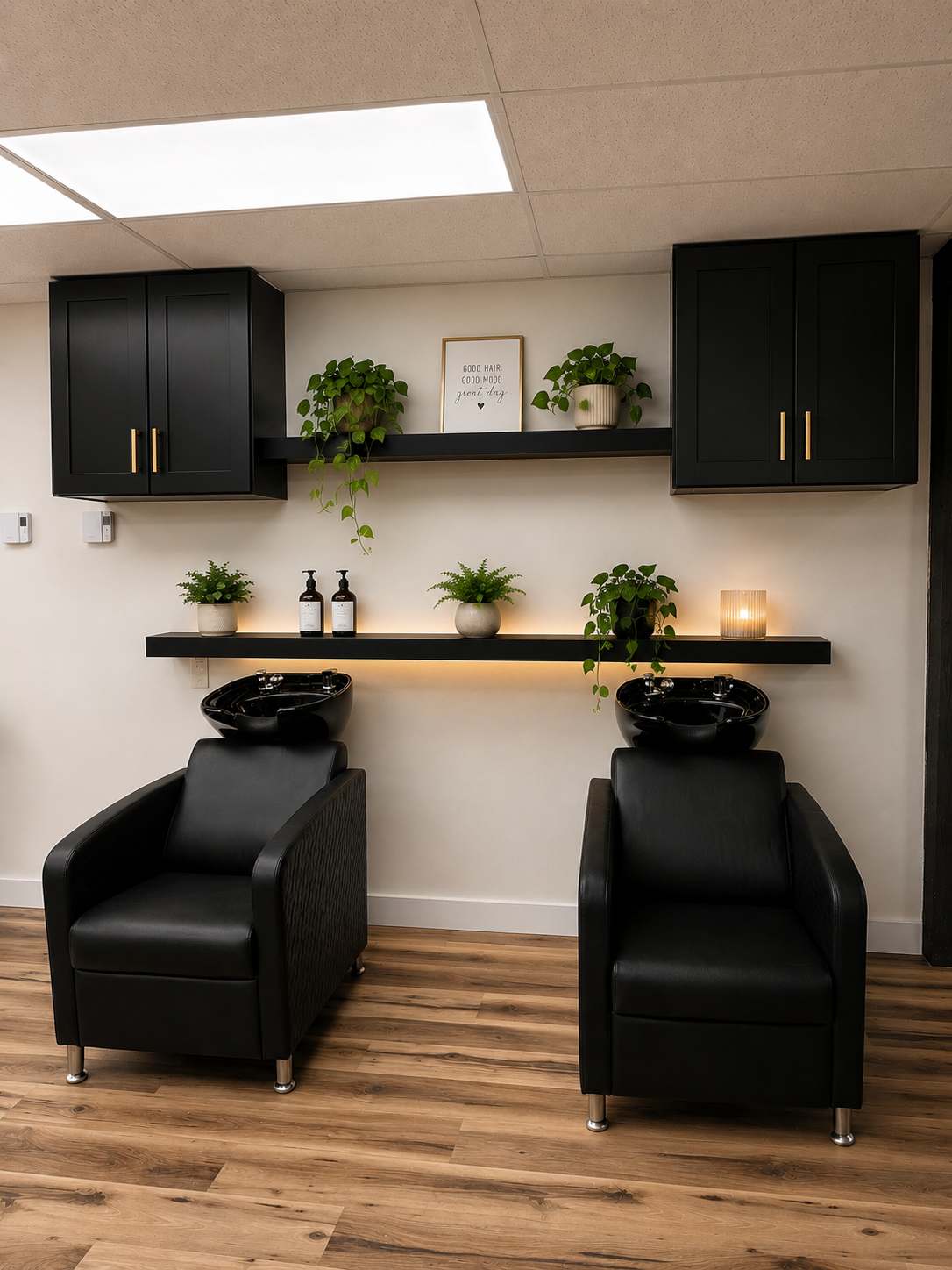 The shampoo stations inside Studio 14 Salon & Spa in Raymond, New Hampshire.